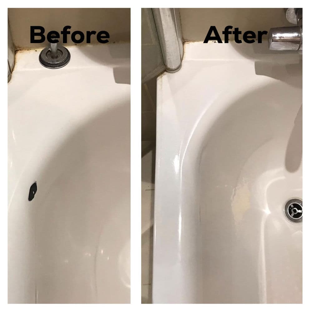 Bathtub restoration before and after, showcasing cleaning results and improved shine.
