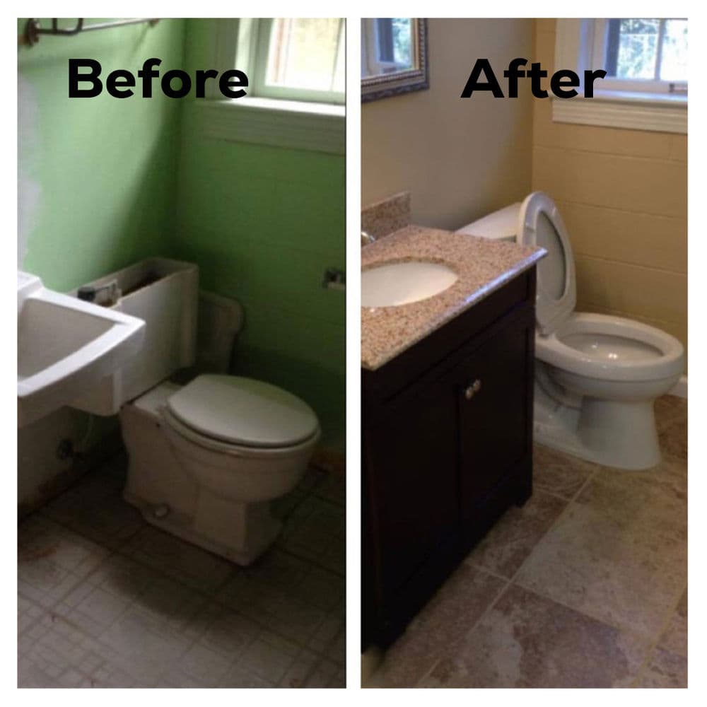 Bathroom renovation before and after showing updates to fixtures and color scheme.