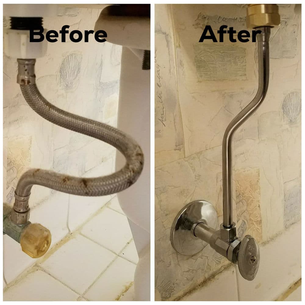 Before and after images of a plumbing pipe replacement, showcasing improved fittings and cleanliness.