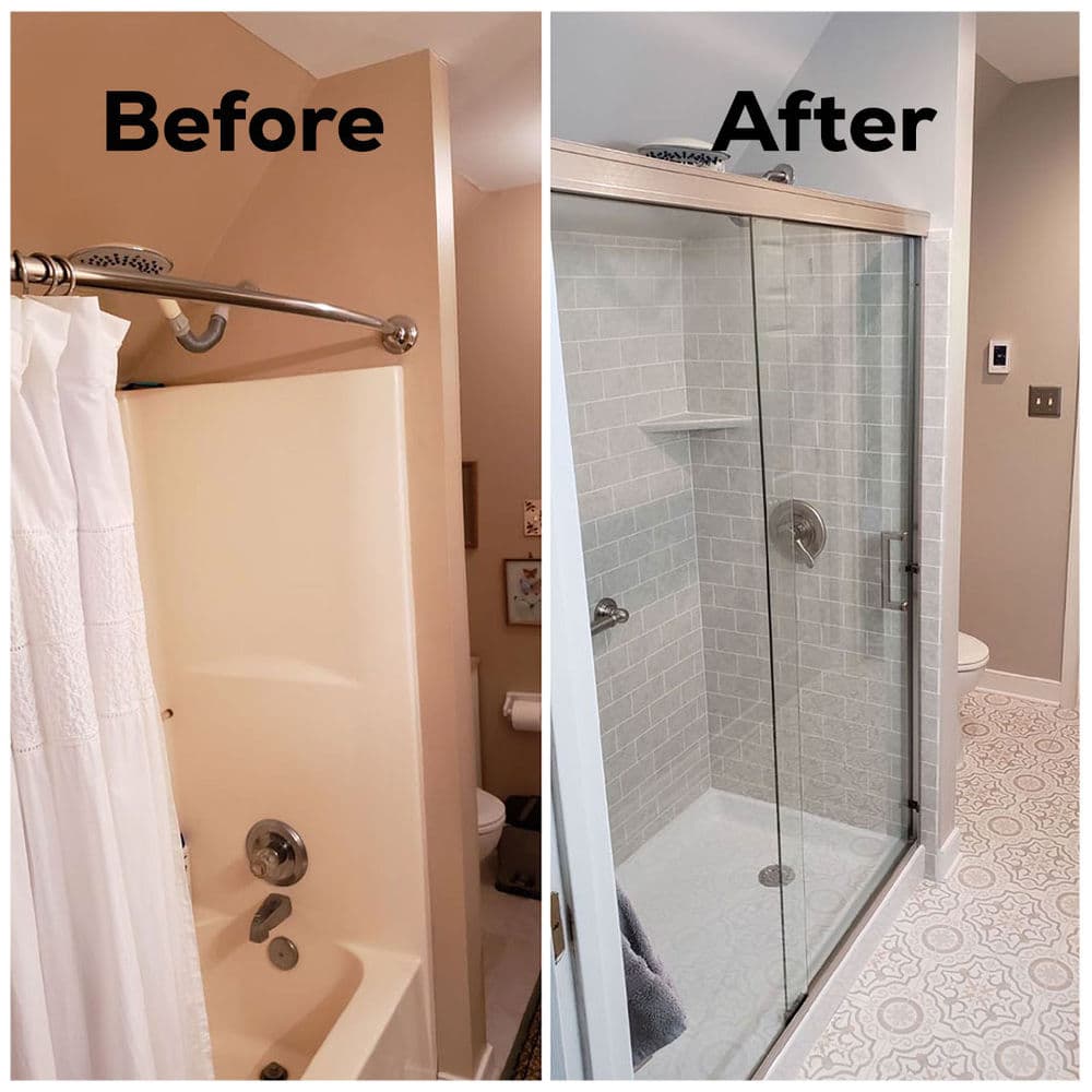 Bathroom renovation before and after image showcasing updated shower with glass door.