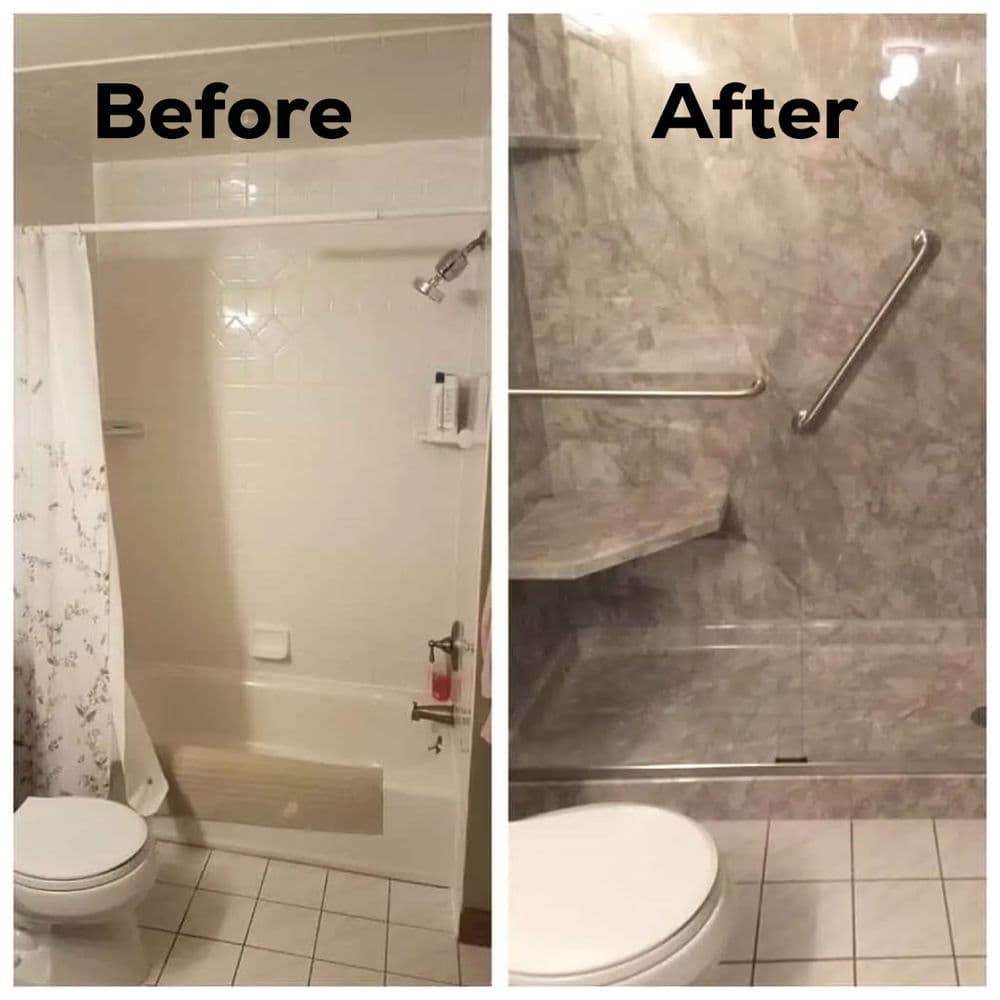 Bathroom renovation before and after showing updated tiled shower and grab bar.