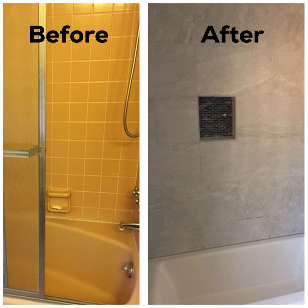 Bathroom renovation transformation: before with yellow tiles, after modern tiled shower.