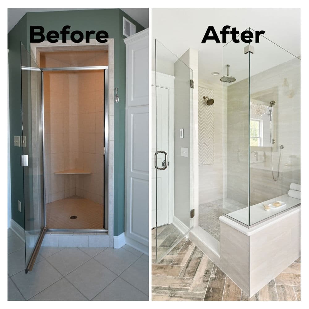 Before and after shower renovation showcasing modern glass enclosure and updated design features.