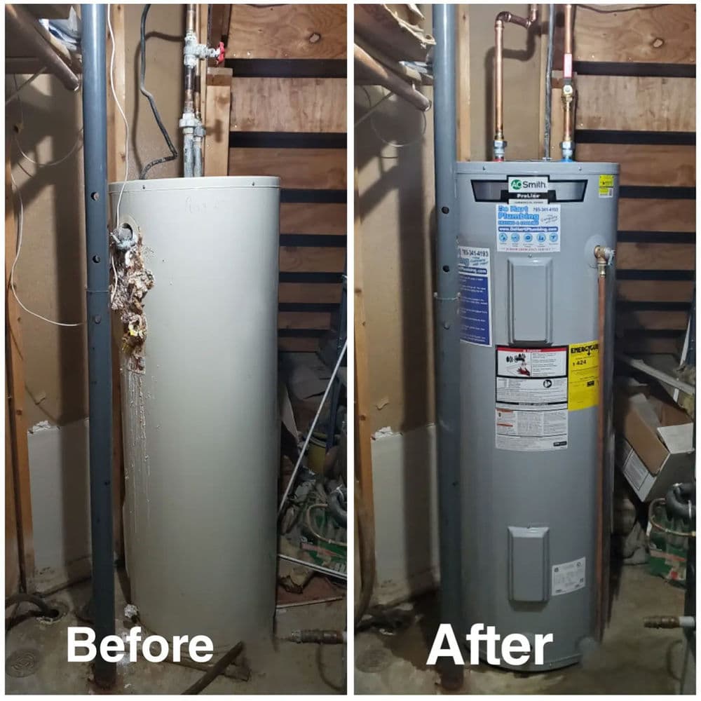 Water heater replacement before and after showcasing old and new models side by side.