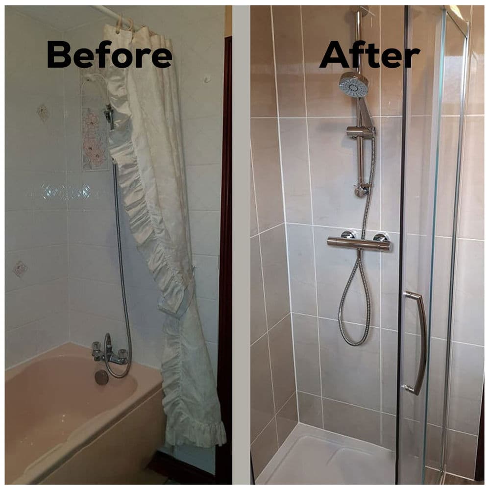 Before and after bathroom renovation showcasing tub to shower transformation.