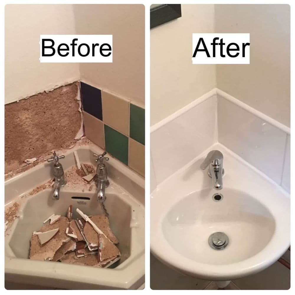 Home renovation: bathroom corner before and after restoration with new sink and tiles.